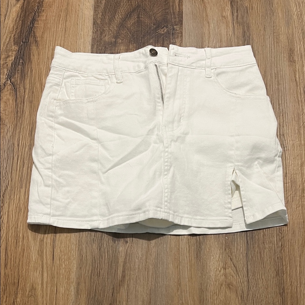 White Denim Mini Skirt with Front Slit